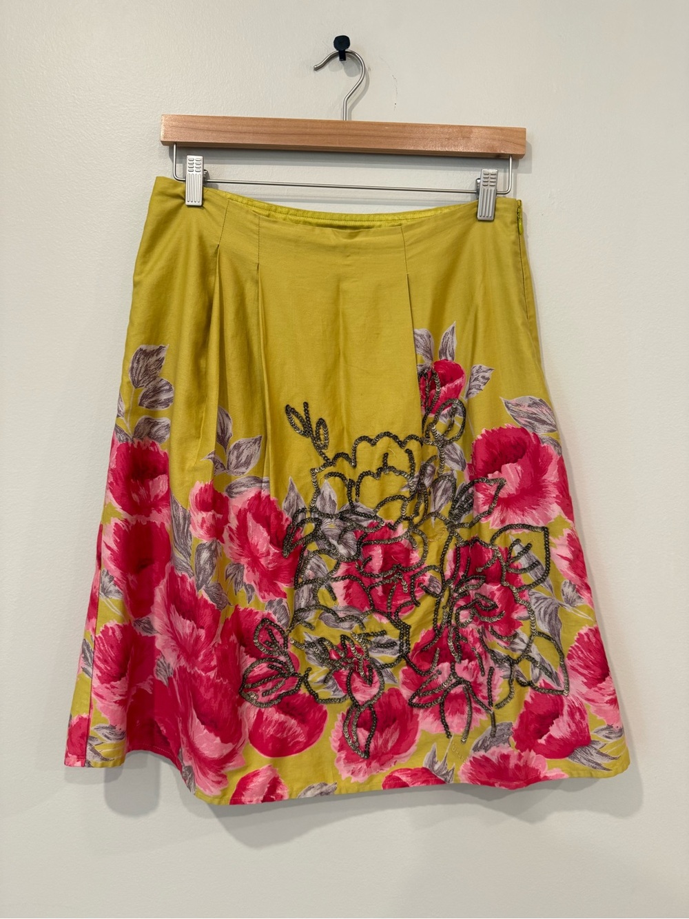 Vintage Y2K Anthropologie Odille Yellow Pink Floral Sequin Beaded A-Line Skirt
